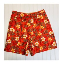 Vintage Bright Floral High Waisted Pleat Front Shorts 32"