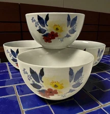 4 Set Tabletops ANEMONE BlueYellow Red Floral Round Porcelain Soup Cereal Bowls