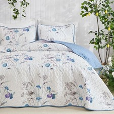 Blue Floral Quilt Set King Size, 3 Pieces Botanical Plants Pattern Bedspread ...