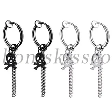 Punk Gothic Non-piercing Skull Chain Ear Clip On Halloween Dangle Hoop Earrings