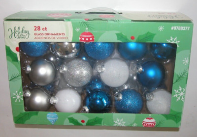Christmas Ornament  Round 28 Glass Blue Silver White Glitter