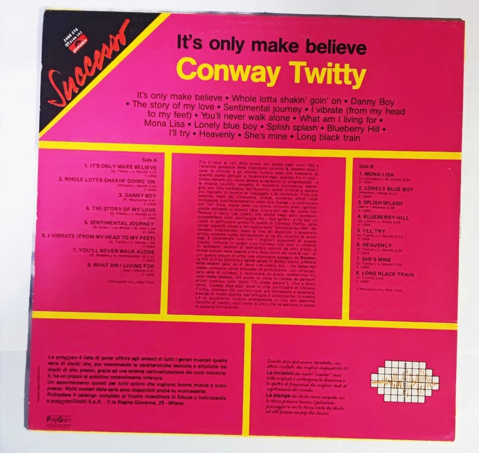 Conway Twitty – It's Only Make Believe -- LP vinile 33 giri Italia - Imagen 2 de 4