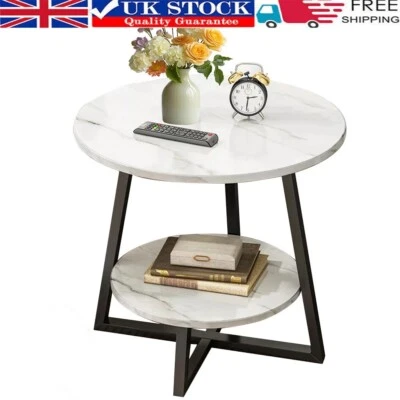 Round 2 Tier Coffee Table Side Table White Marble Effect End Table Living Room