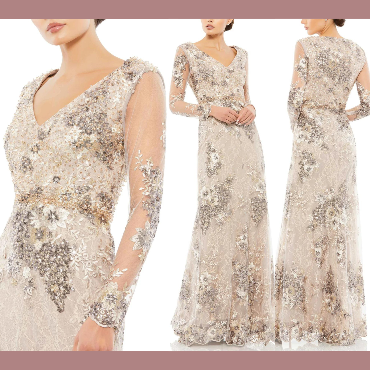 mac duggal white and gold dress NWT$698 [ 6 ] 67539 Embellished V Neck Illusion Long Sleeve Gown J161 sub_category:mini