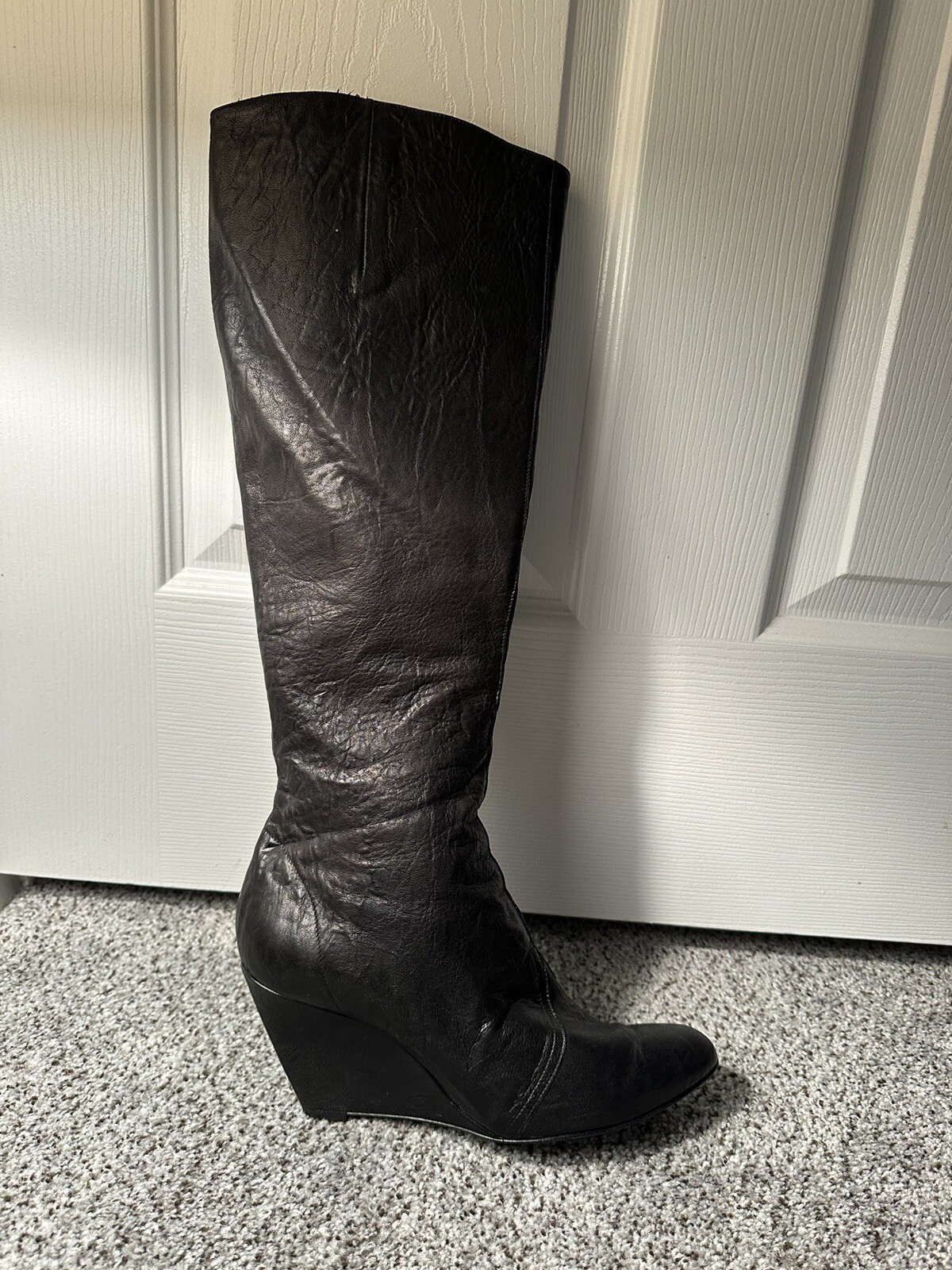 SIGERSON MORRISON Size 8.5 Black Crinkly Leather Wedge Knee Boots 