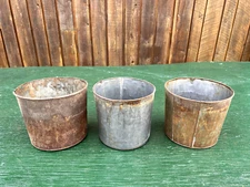 Vintage 3 Sap Pails Buckets Flower Planters 7" High Maple Syrup Tin Finish #82