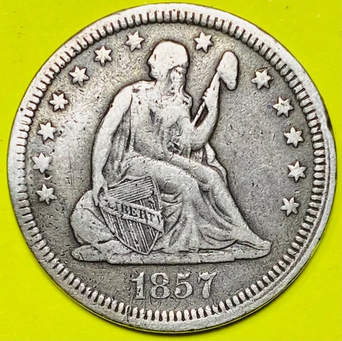 1857 (VF-Very Fine) U.S. SEATED LIBERTY SILVER QUARTER 25c COIN (Pre-Civil War).