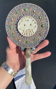 A large 19th century Chinese jade & silver enamel mirror