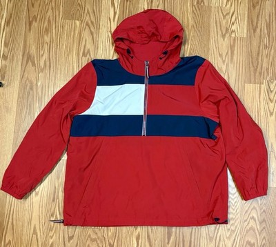 Tommy Hilfiger Windbreaker Red Anorak Color Block 1/2 Zip Hoodie 90s Y2K