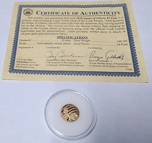 2018 Statue Of Liberty $5 Gold Coin From Cook Islands. 1/10 .24 Pure Gold!  COA