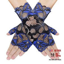 Women Short Lace Gloves 80s Opera Evening Wedding Sunblock Royal Blue Black