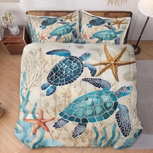 Comforter Set Size with 2 Pillowcases, Sea Turtle Coral 3 King Vintage Turtle - Image 2 of 4