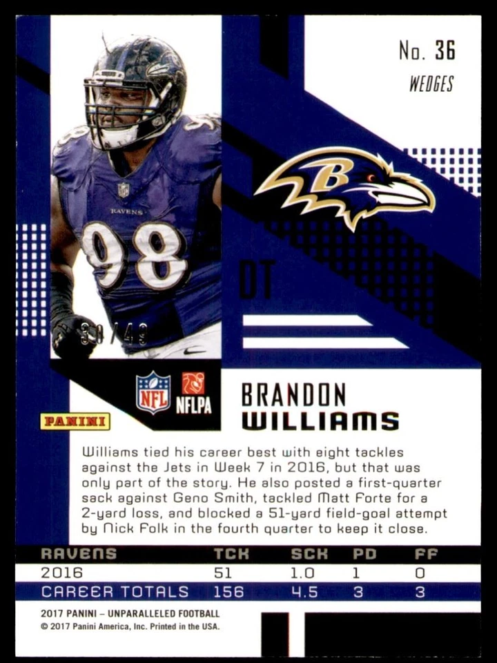 Brandon Williams Rookie /49 #36 2017 Panini Unparalleled Wedges Baltimore Ravens - Image 2 of 3