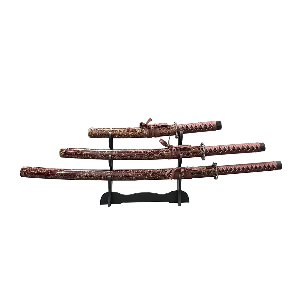 3pcs Japanese Samurai Katana Sword Set w/ Stand – Brown Silk Scabbard / 1060 Ste - Image 4 of 4