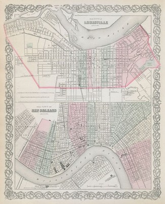 Louisville, Kentucky & New Orleans, Louisiana antike Stadtpläne Colton 1869 Karte