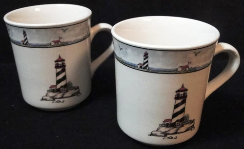 Totally Today Lighthouse Mugs Cups 3 1/2" Tall Coastal Scenes Set of 2 Excellent