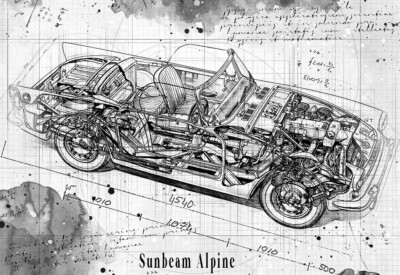 Line Tech Zeichnung Sunbeam Alpine Cutaway Kunst Posterdruck