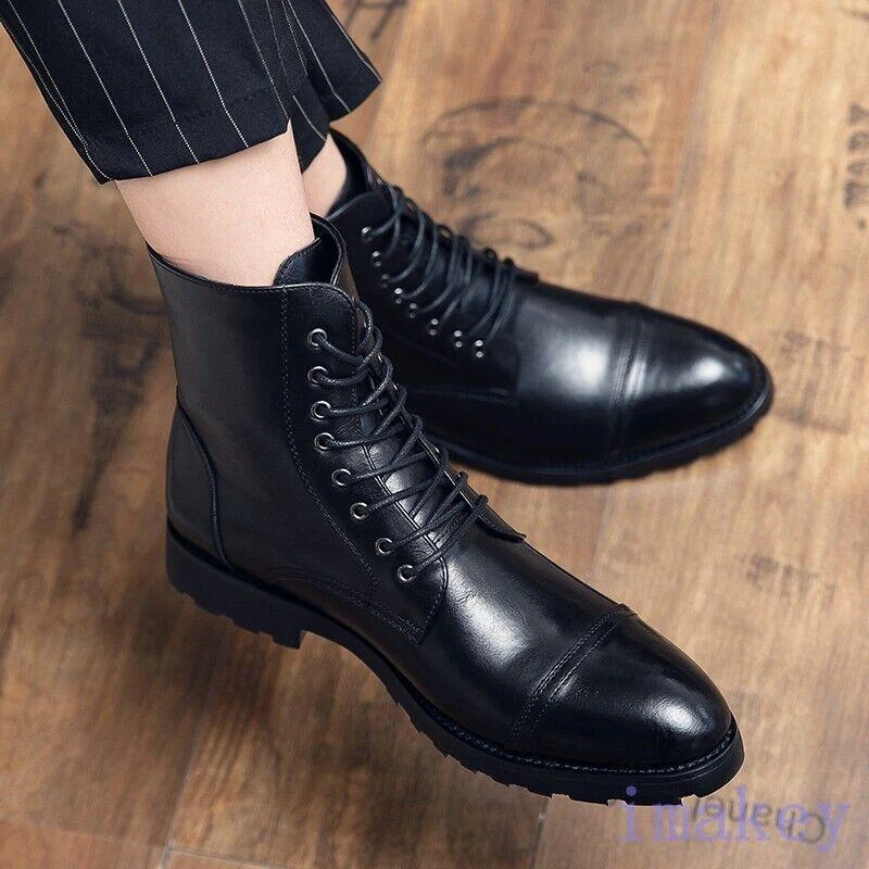 Men's Solid Pu Leather Boots, Lace Up Vintage Round Toe Ankle