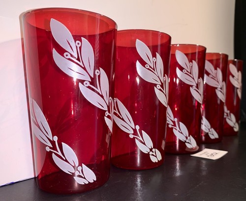 5 Anchor Hocking Ruby Red Wheat Leaf Glass Tumblers Vintage - Picture 2 of 16