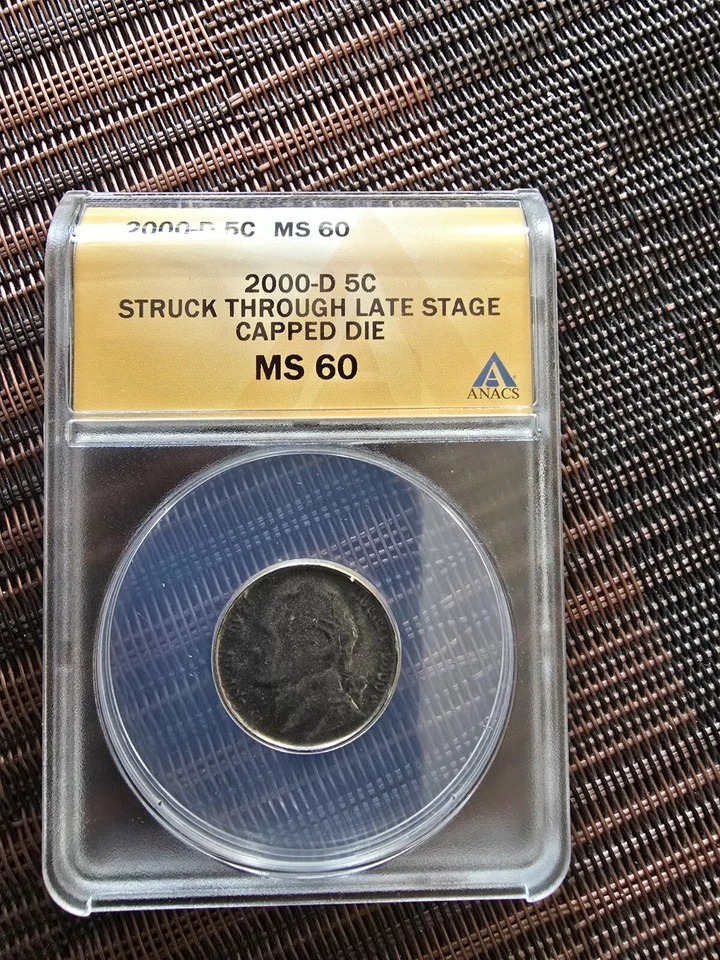 2000 D Jefferson nickel struck through late stage Ms60 1940s Die Cr Ms65 Error - Image 3 of 4