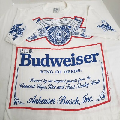 Rare Vintage 90s Budweiser Red/Blue T Shirt Beer can Art Promo
