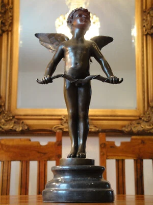 Bronze + Marmor Statue Engel Amor Skulptur Putte Antik Edel Figur Schutzengel - Bild 1 von 4