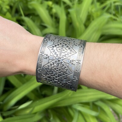 Vintage Silver Metal Viking Forearm Cuff Bracelet Hand-Chased