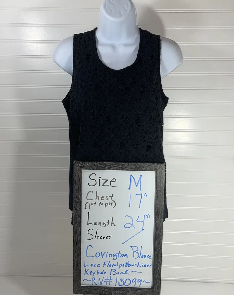 Blusa Covington Mujer Mediana Negra Floral Encaje Sin Mangas Cerradura Espalda RN#15099 Foto 4 de 4