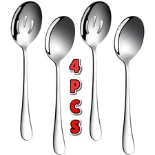 4Pcs Serving Spoons Set, 2 Solid & 2 Slotted Spoons, Stainless Steel Utensils