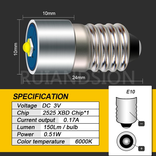 3V 4.5V 6-30V E10 2525 LED Bulb Miniature Flashlight Bulb Replacement Warm/White - Picture 2 of 8