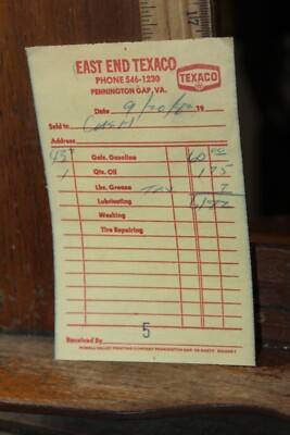 Vintage Gas Station Receipt 1982 Pennington Gap Virginia East End Texaco