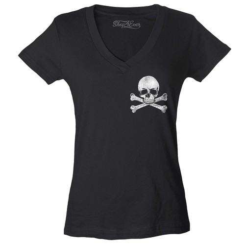 Distressed Skull and Crossbones Pocket Size Women's V-Neck Shirt Novelty Tee