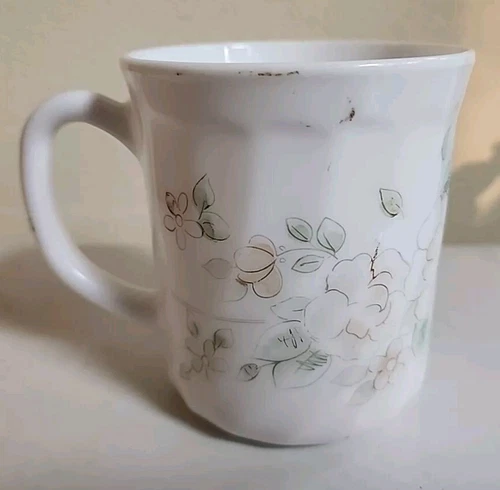 Arcopal Coffee Cup Mug White Swirl Handpainted Flowers France VTG
