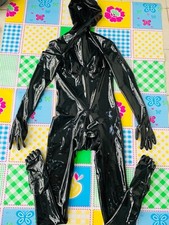 Latex catsuit mask gloves toes red teeth nose tube hidden two sheath mesh eyes