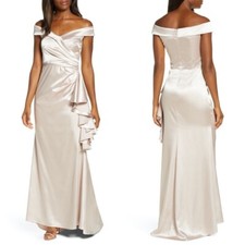 ELIZA J Champagne Portrait Collar Satin Gown Size 8 $228