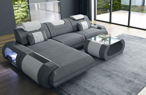 Divano imbottito divano in tessuto divano in tessuto divano di design ottomano LED Rimini forma L grigio - Foto 1 di 8