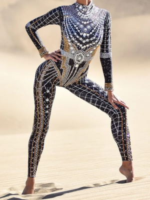 Stargaze High Neck Sparkle Diamanté Rhinestones Unitard Jumpsuit - LK