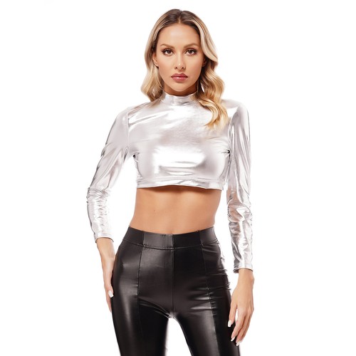 Women's Shiny Metallic Crop Top Turtleneck Disco Party T-Shirt Tops Clubwear - Picture 22 of 96