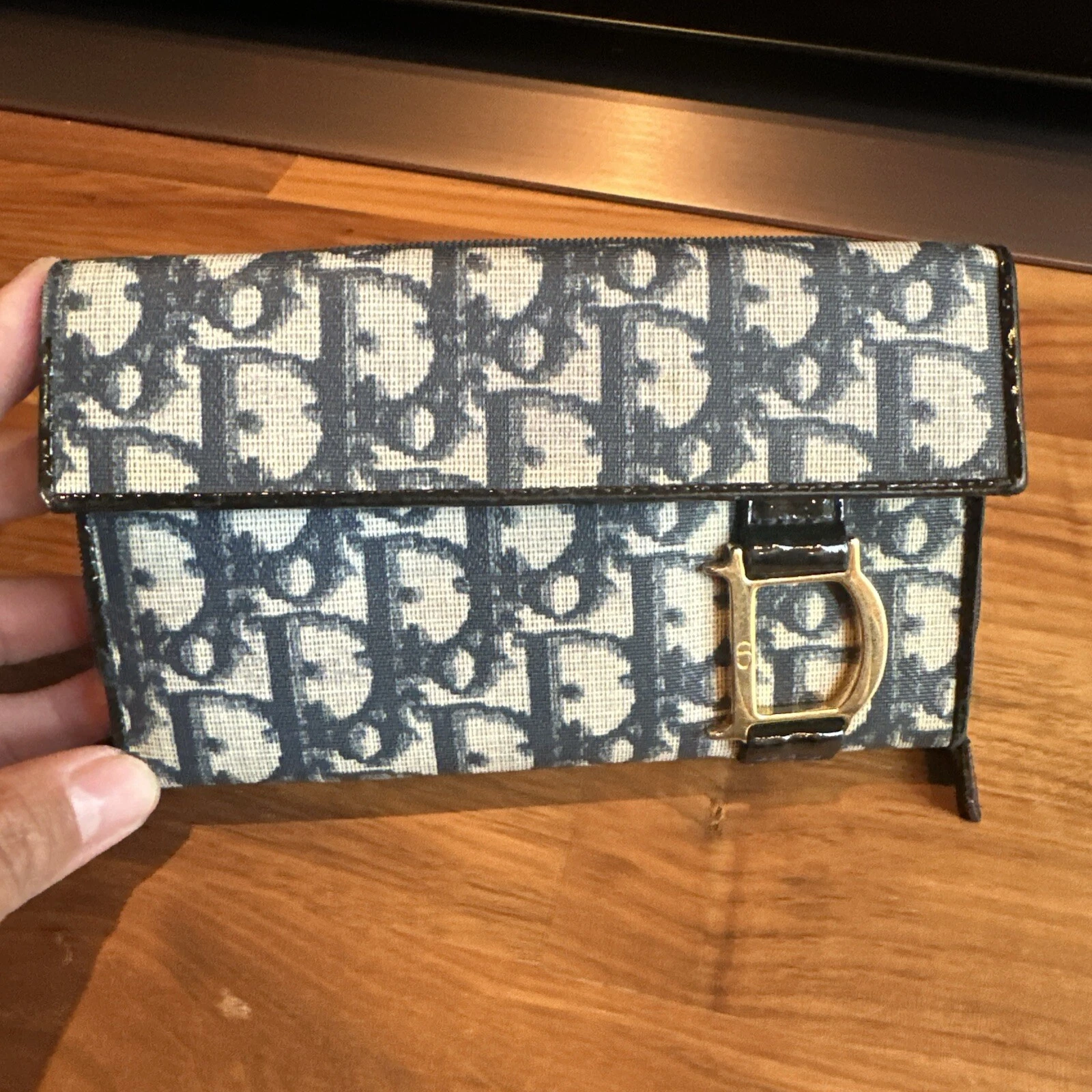 Portefeuille long double pli Christian Dior bleu marine monogramme toile marine trotteur