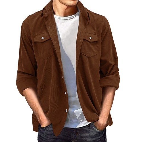 Men's Corduroy Button Down Shirts Casual Long Sleeve Shacket Jacket with Pockets - Picture 15 of 28