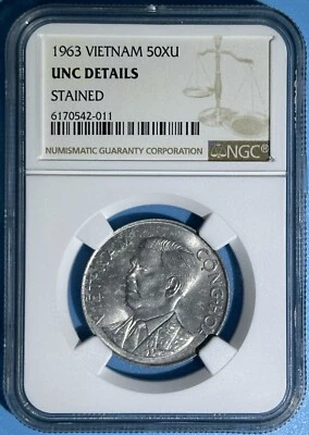 Viet Nam State of South 1963 50 Xu Ngo Dihn Diem Bamboo NGC Unc Details Stained - Image 1 of 2