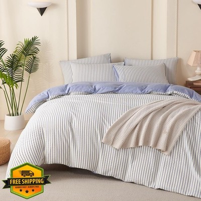 TISPLR Comforter Set King Blue Striped Microfiber Jacquard 3 Pcs