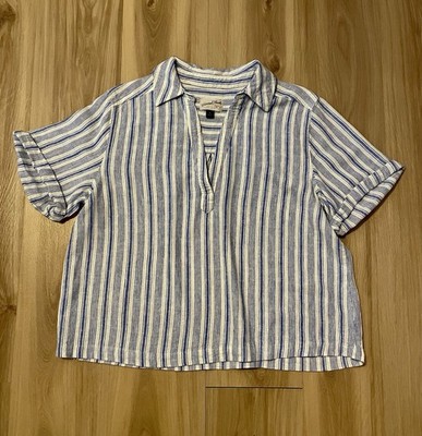 UNIVERSAL THREAD BLUE STRIPE LINEN V NECK BLOUSE SHORT SLEEVE WOMENS SIZE MEDIUM