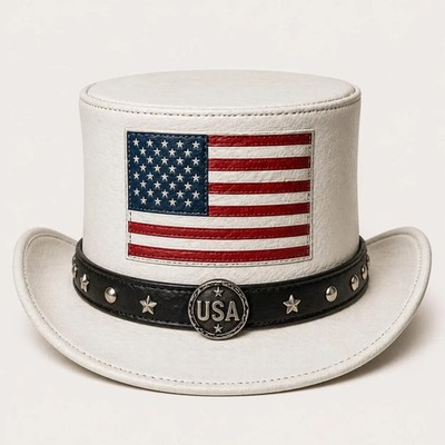 Patriotic White Top Hat   American Flag Leather Hat, USA Western Festival