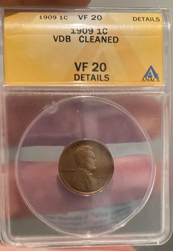 1909 Lincoln Wheat Cent 1c ANACS VF-20 Details Cleaned