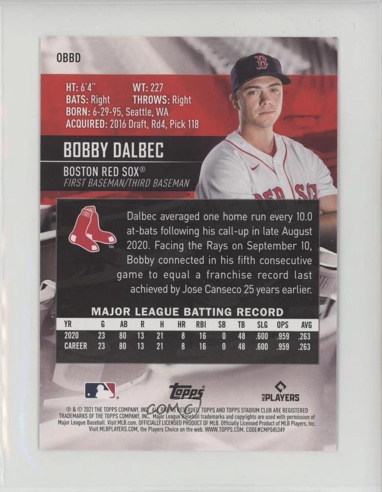2021 Topps Stadium Club Oversized Base Topper Bobby Dalbec #OBBD Rookie RC - Image 2 of 2