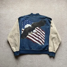 International Denim Jacket Mens Large Blue Tan Varsity Bald Eagle American Flag