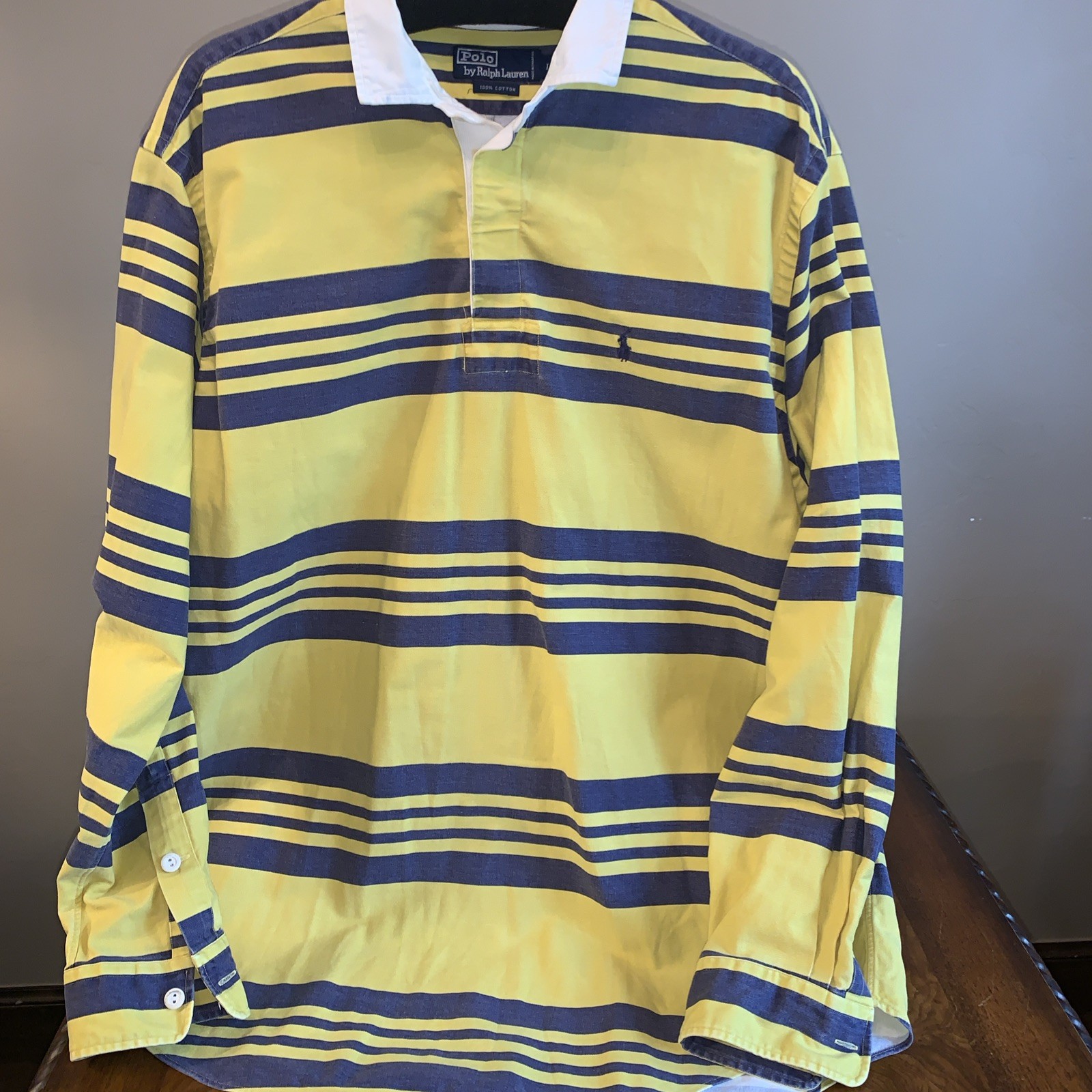 Ralph Lauren Polo Men Large 90s Yellow Blue Long Sleeve Rugby Shirt Vintage READ
