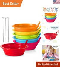 Kids Cereal Bowls with Straws - Set of 6 Plastic Bowl with Straw For kids BPA...