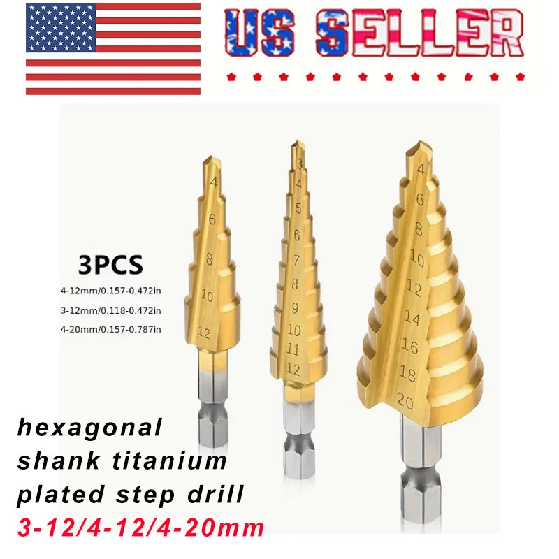 3Pcs HSS Step Drill Bit Set Titanium Coated Cone Hole Cutter Tool 4-12/20/32mm